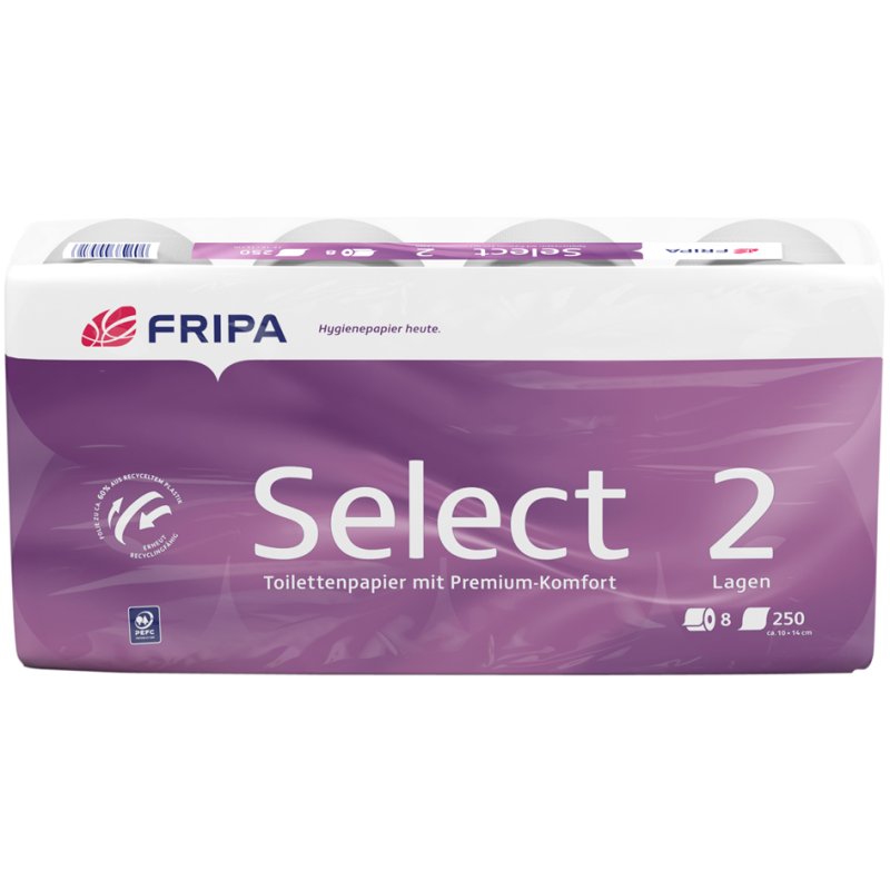 fripa papier toilette Select, 3 épaisseurs, blanc pur, 8 rouleaux